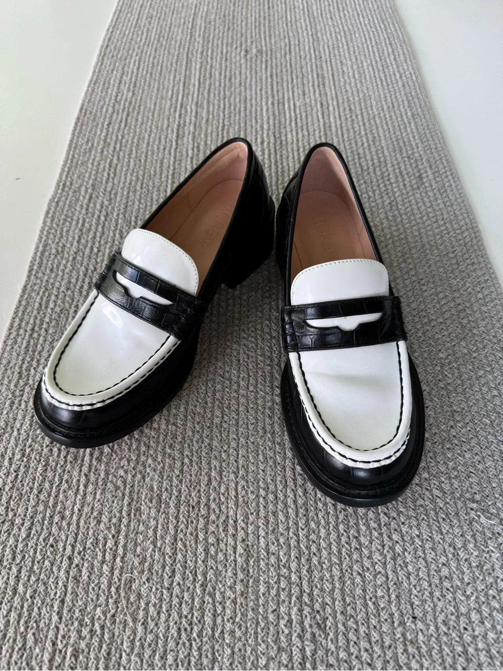 J. Crew Coin Loafers Black and White Croc Embossed Leather Loafers Size 7.5